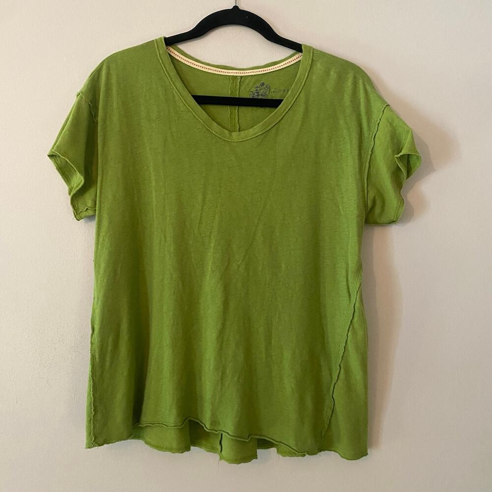 Pilro Anthropologie Green Short Sleeve Tee Boho Linen Cotton Women's size Small